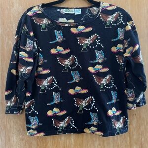Stylish Black Western Print Long Sleeve Tee